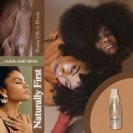 An image for hair and skin care products showing three images. A dark-skinned person's hands. A light-skinned woman with eyes closed. Two black women with afros sitting back to back. A hair oil spray bottle product shot in bottom right corner. 